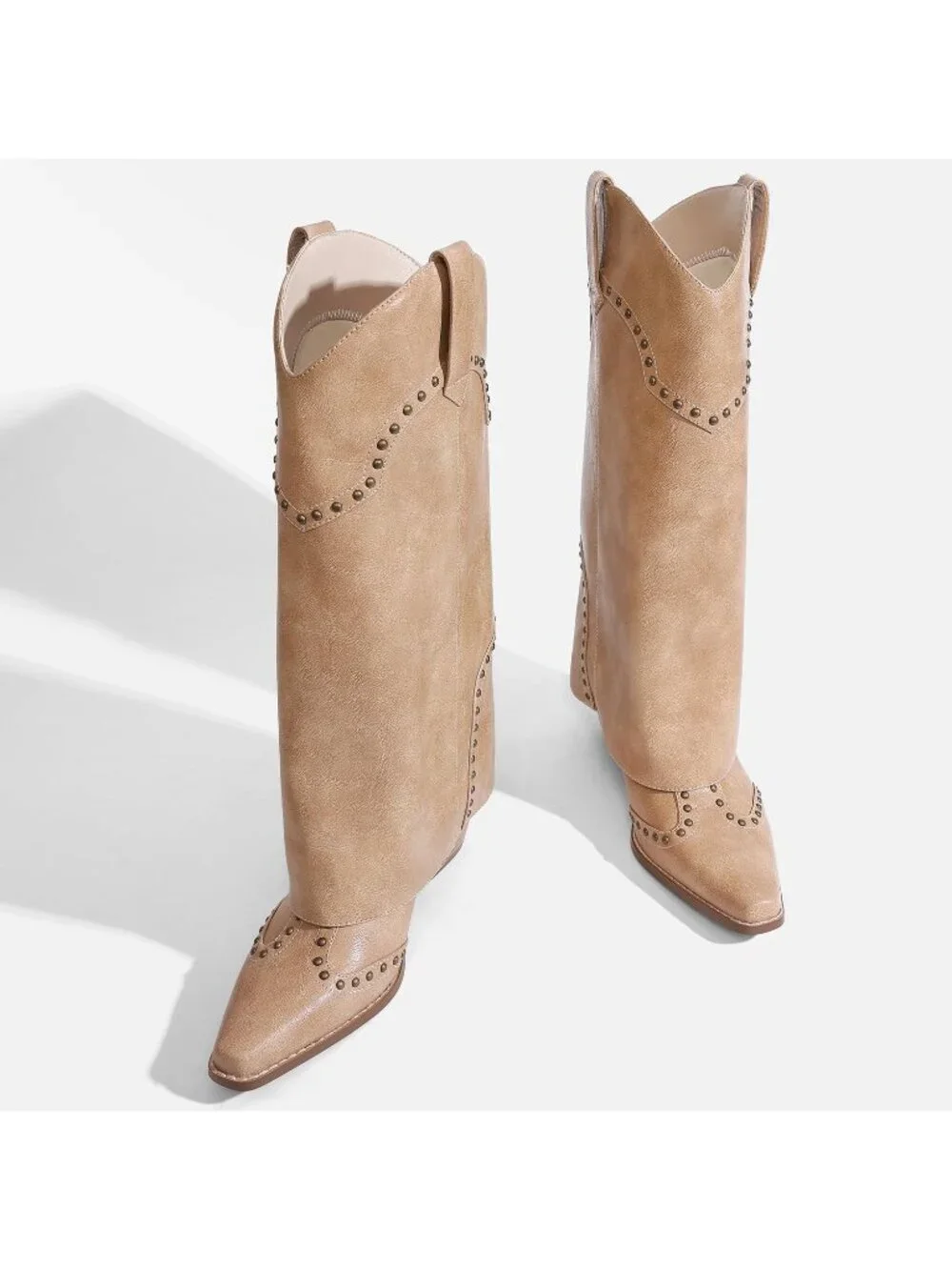 Women's Beige Chunky Heel Snip Toe Fold Over Cowgirl Knee High Shark Boots